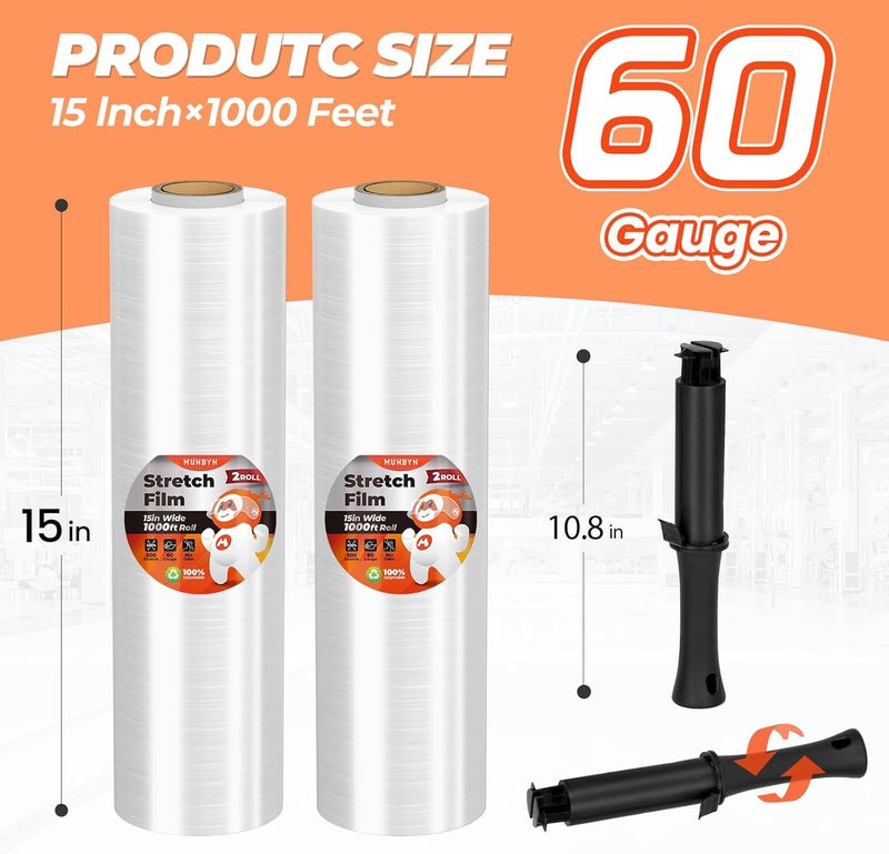 MUNBYN Shrink Wrap, Stretch Wrap with Handles, Stretch Film Roll Industrial Strength, Plastic Wrap for Pallet Wrapping Shipping Moving, 15 Inch x 1000 Ft, 2 Pack, 60 Gauge - Image 2